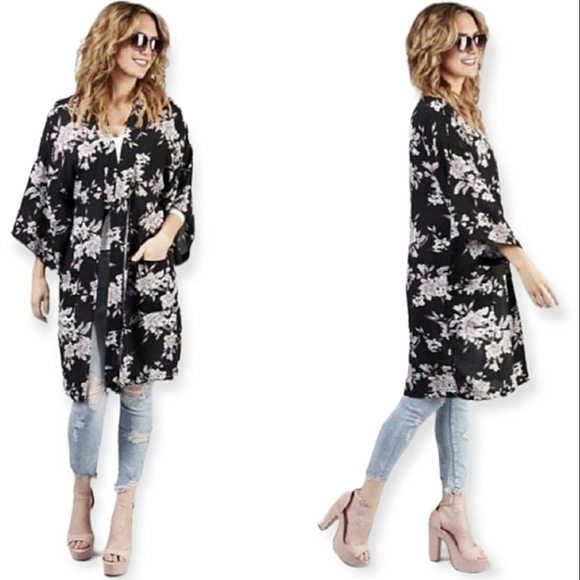 Spiritual Gangster Maya Black Floral Kimono Cover-up - Picture 2 of 10